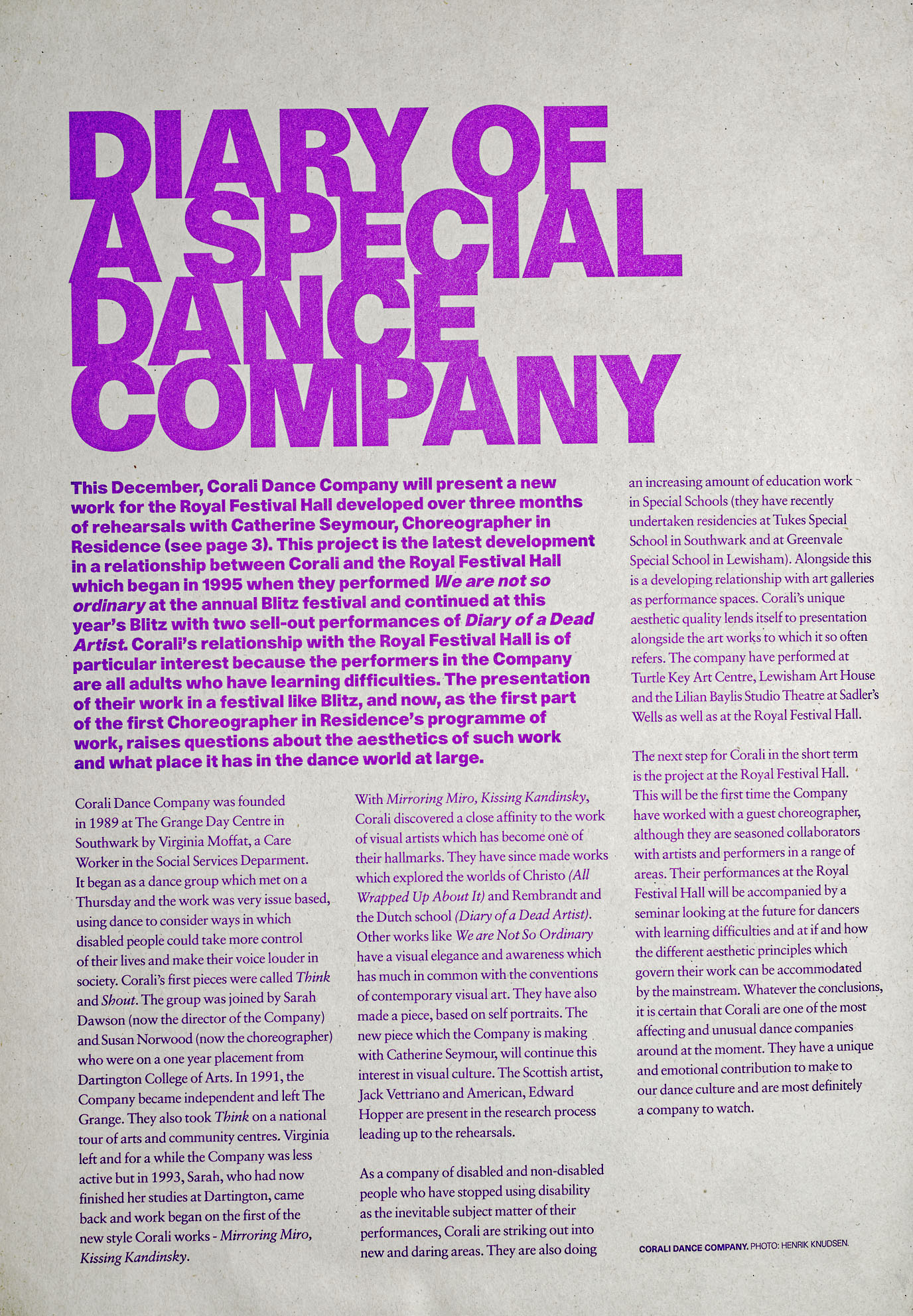 Corali feature in Southbank Centre magazine 1996 Diary of a Special Dance Company